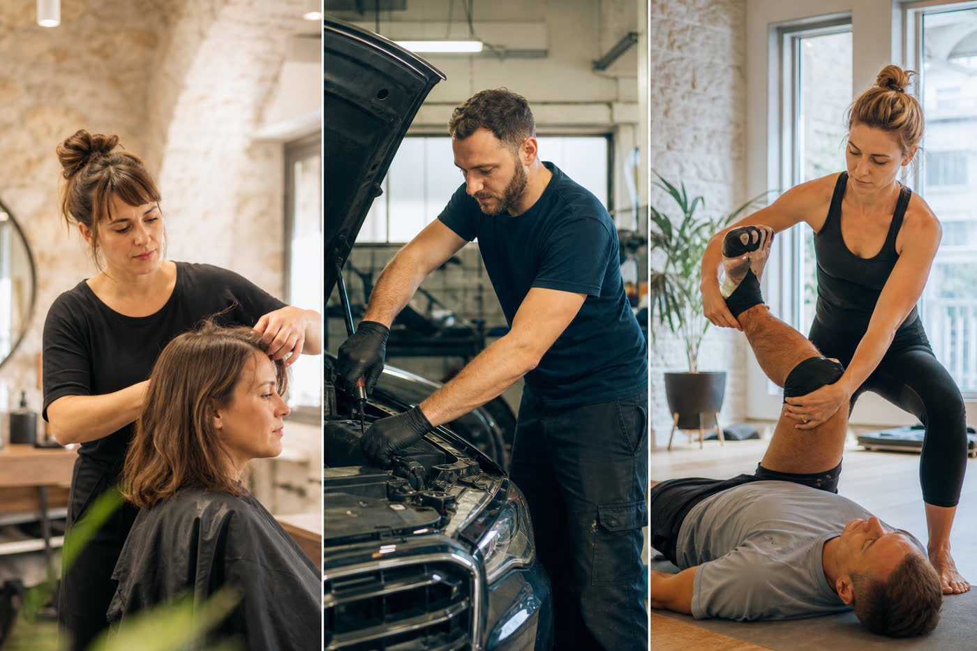 Trois indépendants au travail: coiffure, atelier, coaching