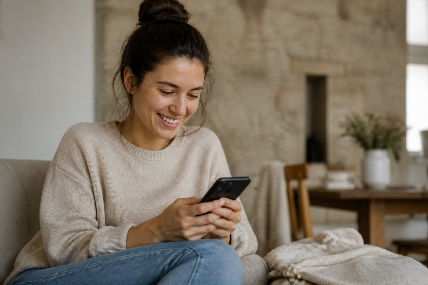 Un client sourit en regardant son téléphone