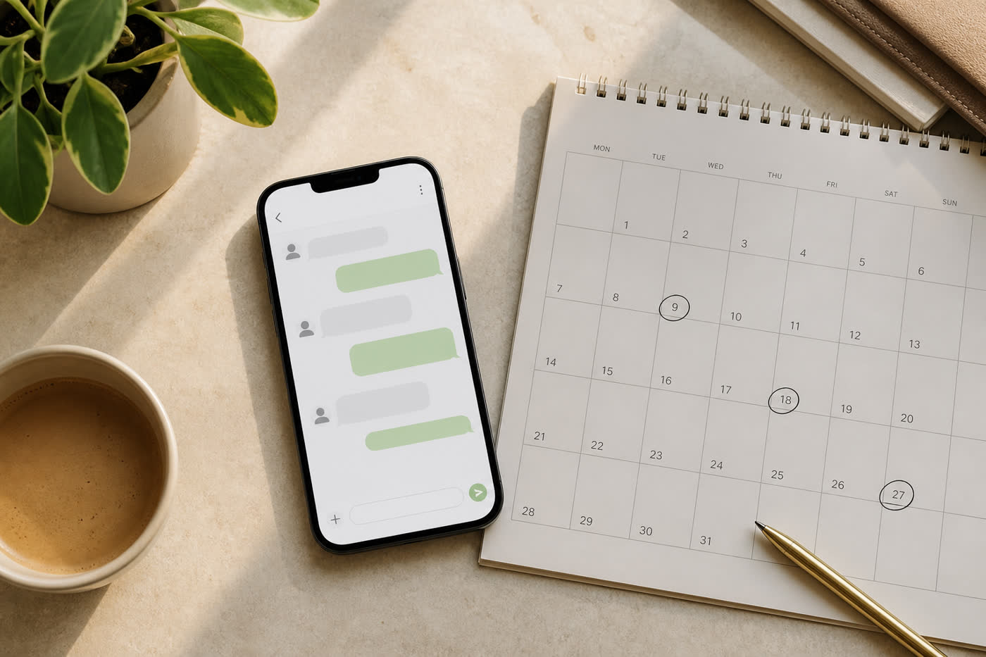 Un téléphone et un agenda posés sur un bureau